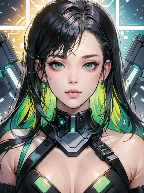 Um retrato que destaca meio corpo de uma garota de cabelos pretos com uma mecha azul e olhos verdes. She is wearing a black dress with gold details in the cyberpunk style. The lighting emphasizes your green eyes, while the setting is inspired by a futurist...