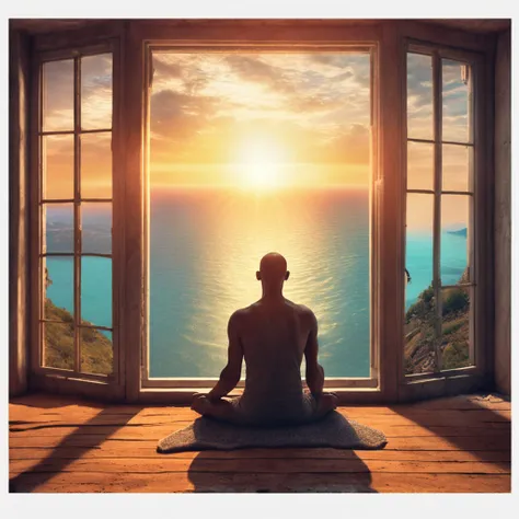 Mature man sitting in meditation position, contemplando um horizonte lindo com o sol se pondo, Man is in deep connection with the divine, The landscape is ultra detailed, homem ultra realista, tudo bem detalhado e lindo, ultra qualidade. Realismo 8K