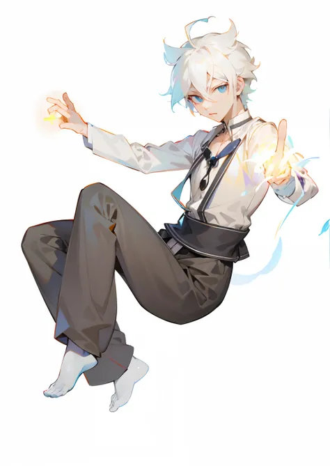 Anime character with white hair and blue eyes sitting on the floor, Fire!! full bodyesbian, he is casting a lighting spell, thin young male alchemist, with index finger, nagito komaeda, full body portrait of a short!, Handsome anime pose, Melancholic soft ...