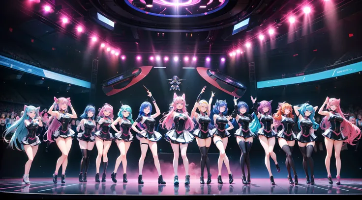 Anime-style illustration、Live scene of school idols、７People、(((7 beautiful girls are posing on a futuristic stage)))、ＳＦAn idol costume that fits the body like a spacesuit that appears in anime。a miniskirt、A mechanical future stage floating in outer space、D...