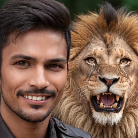 fierce angey snarling Lion attacking a, handsome Indian skin blogger smiling man,glowing skin, jungle, volumetric lighting