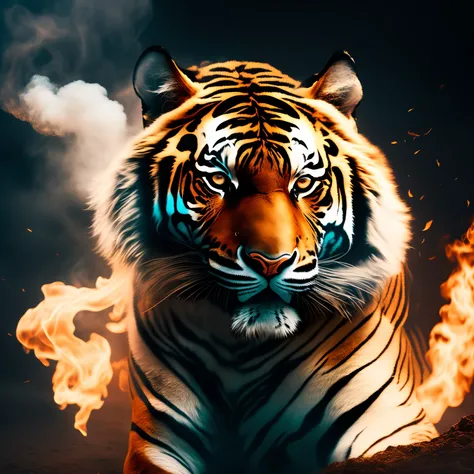 an oblivious tiger with its head covered with smoke, in the style of dynamic action scenes, poster art, dimitry roulland, dark beige, 32k uhd, tattoo, high speed sync