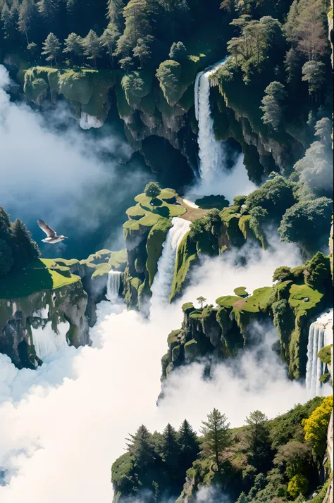 Flying on the cliff, above the very high waterfall, look down on the fluctuating pond, high sunlight, blue sky, white cloud, birds, forest, trees, 8K, masterpiece, best quality, high resolution, extremely full detailed