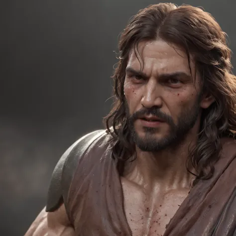 (Professional 3D rendering:1.3) de (Realistic:1.3) jesus descendo do ceu，Features soft, bright male heroes, ((Epic hero fantasy rough muscular man wet hero angry look long hair short beard and fierce expression in dynamic pose, fantastic location, majestos...