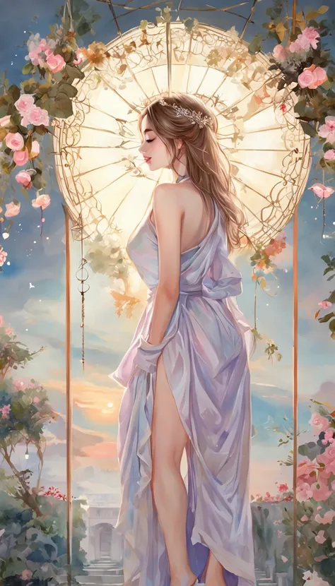 ((from side)), ((from below)) ((full body)), ((realistic)), ((cross legged)), Beautiful young girl, Delicate face, shyexpression, low head, Sexy goddess, slender leg, cold light, the night, starrysky, (long t-shirt, One shoulder, pleatedskirt), (in pink, c...