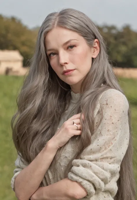 ugly lady, late 40s of age, gray long hair, overweight, wrinkly and pale skin, long dirty and nasty finger nails, green fleece sweater, long canvas skit, bulky shoes, realistic, photography, genuine, she is outdoors on a sunny day with a farm background