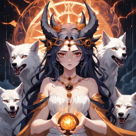 a photo of a woman with a crown and three wolves, hecate goddess, Hecate, pagan goddess, Deusa do Submundo, Norse goddess, persephone as goddess of death, Deusa da Raiva, Rainha do Submundo, deusa. detalhes extremamente altos, Mito grego do ritual escuro, ...