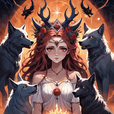 a photo of a woman with a crown and three wolves, hecate goddess, Hecate, pagan goddess, Deusa do Submundo, Norse goddess, persephone as goddess of death, Deusa da Raiva, Rainha do Submundo, deusa. detalhes extremamente altos, Mito grego do ritual escuro, ...