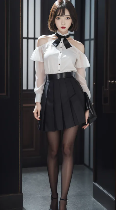 Charming beauties、White blouse、Black pleated skirt、black pantyhose、high-heels、a choker、charming oval face、二重まぶた、Clear eyes、red lipsticks、Beautiful thin legs、toned ankles、The ultra -The high-definition、The ultra-detailliert、Elegant standing figure、Create a ...