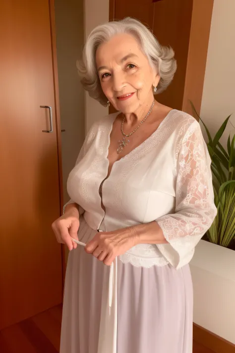 Uma senhora de aproximadamente 90 anos de idade, usando roupas bonitas, com rosto feliz,olhando para a camera, a foto capta o corpo  dela. olhar fico