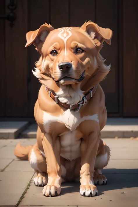 Stoic caramel dog, muscular and with human features