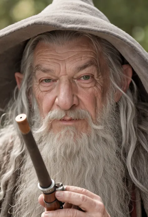 Gandalf com uma arma (m 16) fumando cachimbo