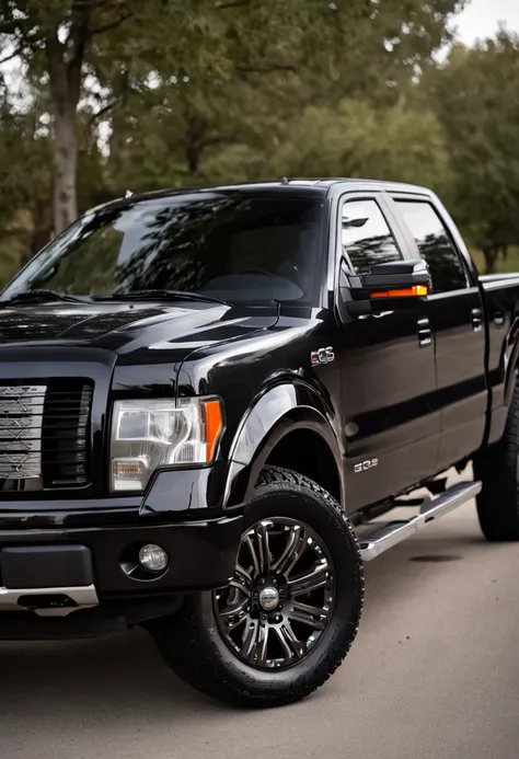 2012 ford f150 with 22in chromed rims, dark purple color, quad cab, tinted windows, chromed bumper, city with tall buildings at night in the background