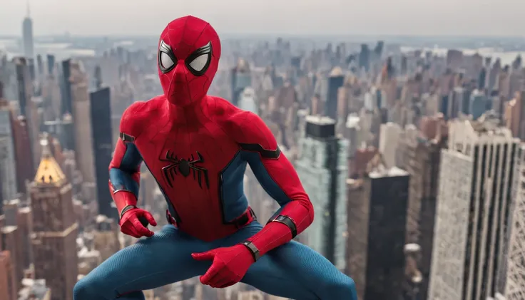 Cinematic photo of the cute realistic Spider-Man on top of the Times Square building, cercado por fogo, sem costura, epics, cinemactic, detalhes intrincados, Concedido, great lighting, sombreamento, alta qualidade, detalhado, corpo inteiro, ultra angular