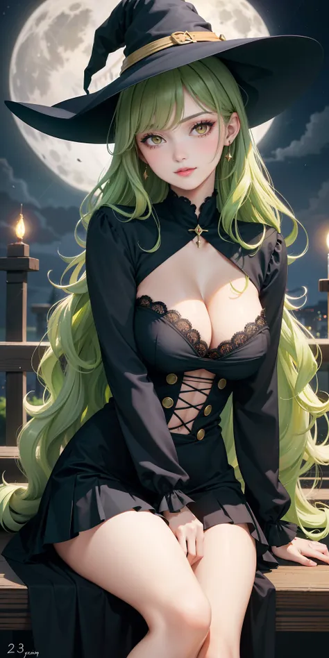 big breasts, ((1sexy beautiful witch)), ((lemon green hair, long wavy hair with bangs)) (((1witch, solo))) )) ((23 years old)) light brown eyes, has a body extremely sexy, with full breasts and thin waist, and an extremely sexy body, witch hat, red dress a...