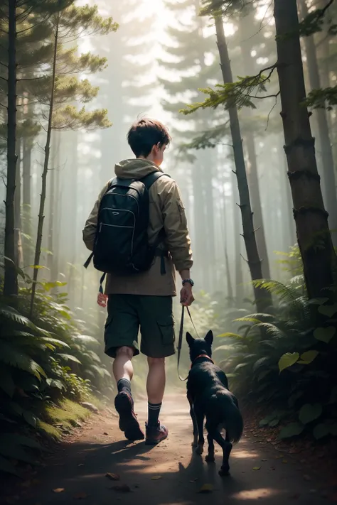 A boy in the forest with his dog and bird flying