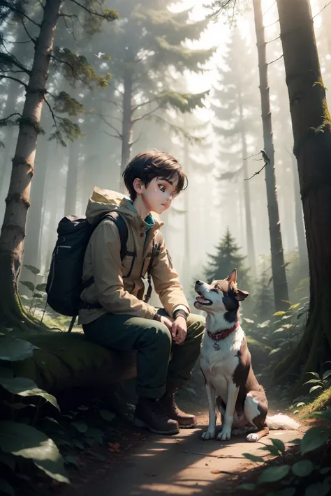 A boy in the forest with his dog and bird flying