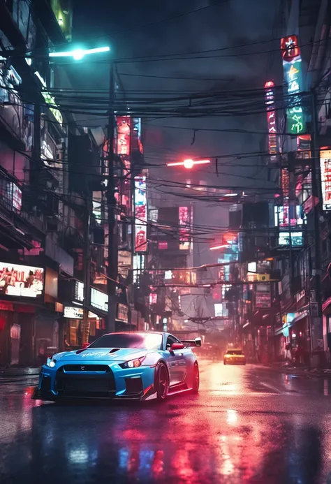 An image of a modified Japanese sports car with a vibrant livery and custom wheels, Speeding on a deserted road at night.