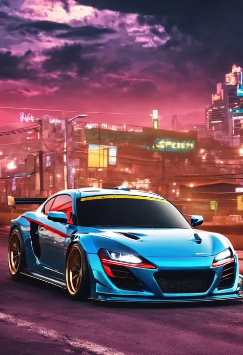 An image of a modified Japanese sports car with a vibrant livery and custom wheels, Speeding on a deserted road at night.