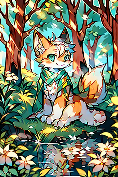 adolable/Pink style+Soft light effects，The fox has a fluffy tail，eBlue eyes:1.2、Smooth white hair、green scarf、Charming smile，Grasslands and woods by the river，White flowers and big tree details，Spring breath and perfect lines，Cartoon characters all over fu...