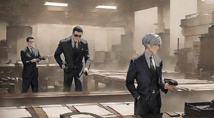 Anime character in suit standing in factory holding camera, anime concept hdr anime macmanus, wearing a strict business suit, akehiko inoue and ross tran, wearing a strict business suit, wearing a suit and glasses, style of madhouse studio anime, serious b...