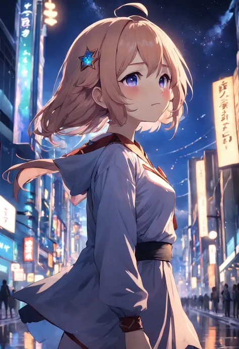 masterpiece,best quality,yoimiya_genshin,1girl,solo,standing,outdoors,night sky,starry sky,street,city lights,cityscape,road,upper body,tongue out