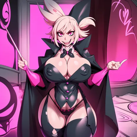 angel dust hazbin hotel, , wide hips, wearing suit, wearing black shorts, cleavage, highly detailed, hi res, high resolution, cl...