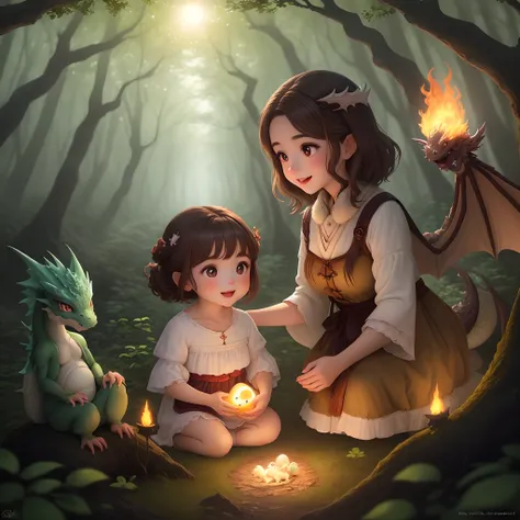 Sofia, a girl with brown hair and curious eyes, finds a glowing egg in a forest clearing. The egg cracks open, revealing a small, fluffy dragon hatchling with big eyes and charming wings. The scene radiates joy and surprise, with the newborn dragons flame ...