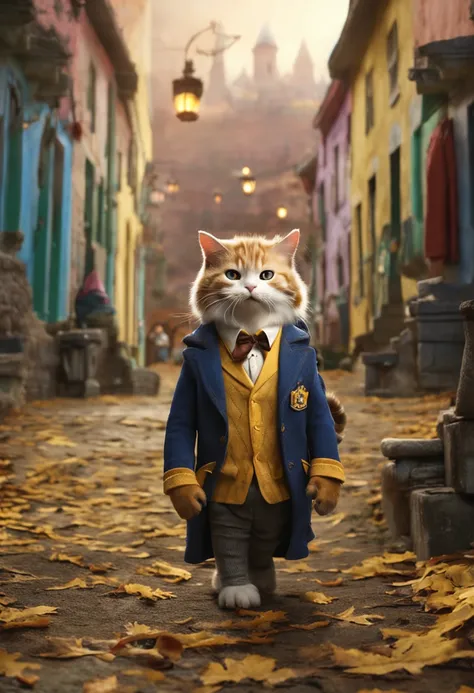 um gato, of the European race, cor predominante branco com amarelo, fantasiado com a roupa da Escola de Magia e Bruxaria de Hogwarts