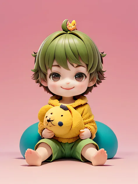 lovely boy，Seated boy，ssmile，Holding a toy，High quality details，shaggy，Simple，Full body like，background is simple，Three View