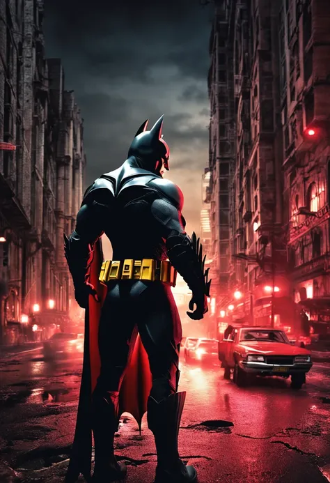 Batman del Caballero Oscuro version ((mujer)) With his red suit and yellow symbol he stands imposingly in a lost Gothic city. Moonlight highlights your muscles and scars. El paisaje es exuberante y misterioso, With futuristic technology and environment. Th...