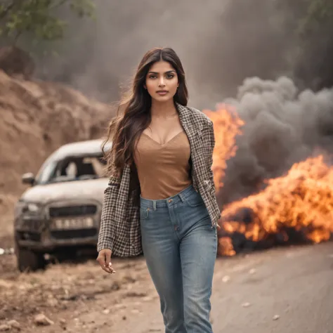 hAPPY beautiful, sexy, stylish, perfect INDIAN fashion model,walking away from a burning car, chaos,