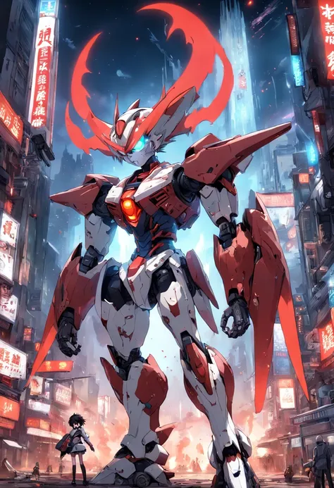 The highest image quality、　（Huge mobile weapons　　Giant Robot Weapons、　Super Power Tracer、　Raisner、　Pennywise Taste、　Mobilesuit）、　Fight in a war-torn city illuminated by the red moon、　A lot of red spherical drones are floating、　Full body portrait, vibrant d...