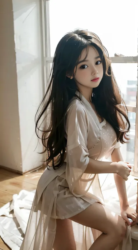 Master quality, highest quality, best picture quality, exaggerated details, a princess cute 8 year old love making girl with a shy expression, slightly squinted eyes, adjusting her hair, long eyelashes (long hair / very, very exaggerated big breasts, big t...