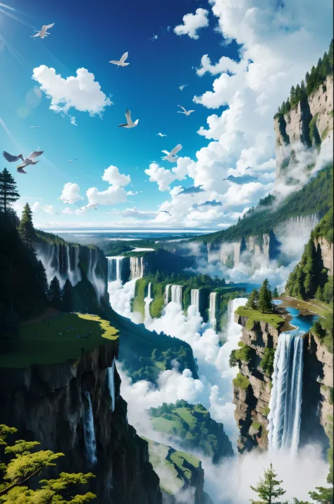 Flying on the cliff, above the very high waterfall, look down on the fluctuating pond, high sunlight, blue sky, white cloud, birds, forest, trees, 8K, masterpiece, best quality, high resolution, extremely full detailed