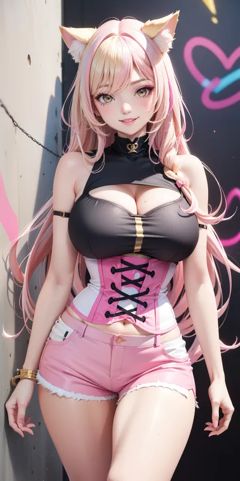 1 cat girl, big busty breasts ((blond hair with pink streaks)) ((long straight hair)) hip hop clothes top beautiful corset short woven shorts, extremely sexy body, perfect lips, sassy smile, graffiti, wall