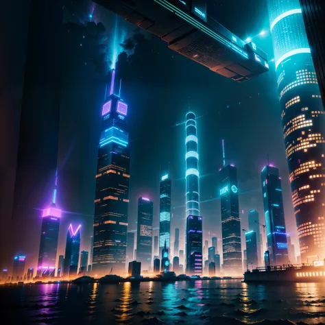 Create an image of a futuristic cityscape at night, with neon lights and towering skyscrapers