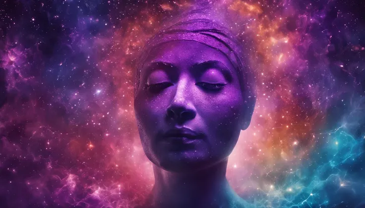 Human face in deep meditation, serenidade, aura brilhante e sutil, universo em roxo e violeta, Stars and galaxies, macio, ethereal clouds, connectedness, roots in the earth, branches to the starry sky, tons amarelados, serenidade, cosmic harmony