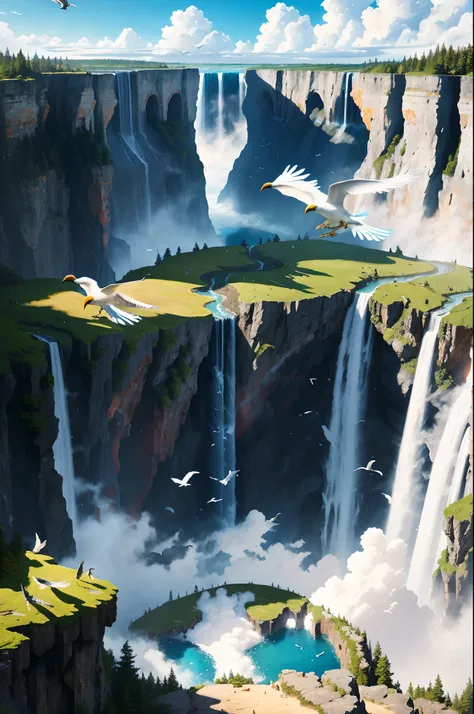 Flying on the cliff, above the very high waterfall, look down on the fluctuating pond, high sunlight, blue sky, white cloud, birds, forest, trees, 8K, masterpiece, best quality, high resolution, extremely full detailed