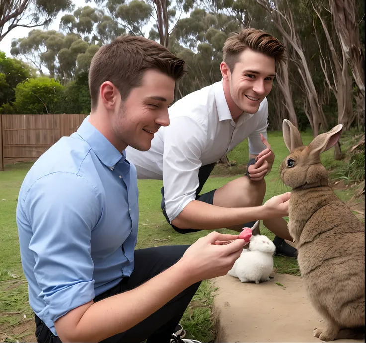 Real photo, handsome australian guy, playing with a rabbits ear