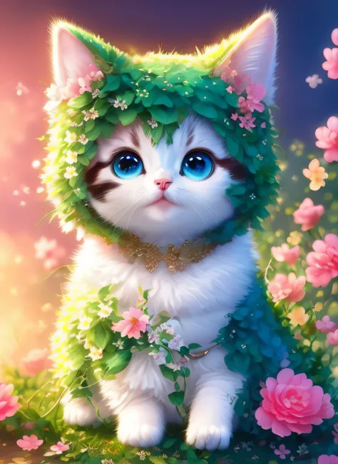 There is a cat with a green hat of plants sitting in a field of flowers, arte digital detalhada bonito, arte digital bonito, muito bonita gatinha fofa, painting digital adorable, arte detalhada bonito, Arte digital altamente detalhada em 4k, visual anime d...