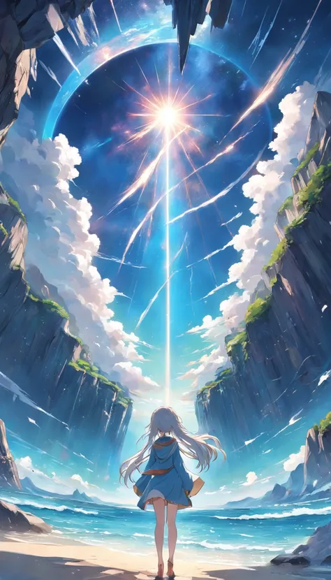 Faraway view、landscapes、vanishing point、Outrageous resolution、hight resolution、ultra-detailliert、The upper half shows the universe、Below is the sea、Bright atmosphere、Fantasia、magia、Mare、Daylight hours、clean blue sky、sunlight shining、prisma、beautiful  light...