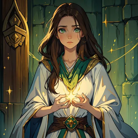 A beautiful woman with green eyes and brown hair she is a sorceress Wizard wearing white and gold robes Noble robes A princess of magic and a sad look Flushed A wooden wall background An art for an RPG A medieval art for RPG