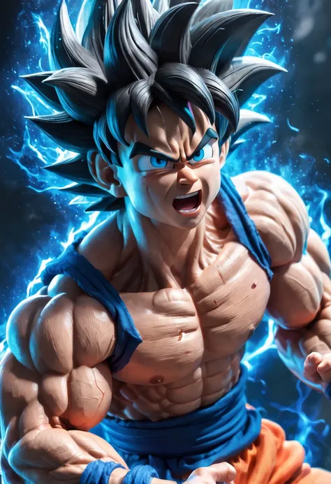 "A detailed drawing of Son Goku intensely training his biceps in a bodybuilding gym, com um cabelo prateado brilhante e pele prateada polida, surrounded by a fiery blue energetic ray, Aura Ace."