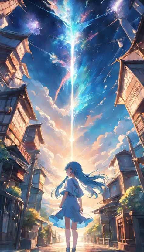 animesque、Faraway view、landscapes、vanishing point、Outrageous resolution、hight resolution、ultra-detailliert、The upper half shows the universe、Below is the sea、Bright atmosphere、Fantasia、magia、Mare、Daylight hours、clean blue sky、sunlight shining、prisma、beauti...