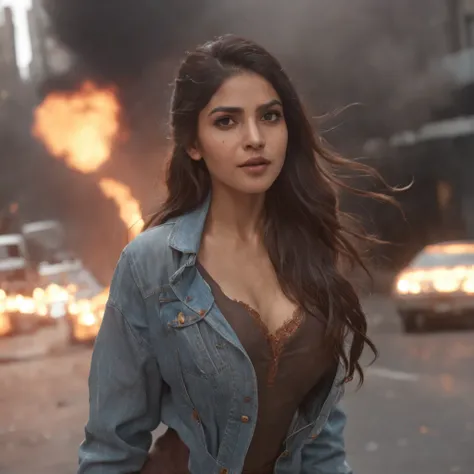 (professional 3d render:1.3) af (Realistic:1.3) most beautiful artwork photo in the world，(Centered) hAPPY beautiful, sexy, stylish, perfect INDIAN fashion model, flying hair, walking away from an exploding car, massive fireball, chaos, flying debris, full...