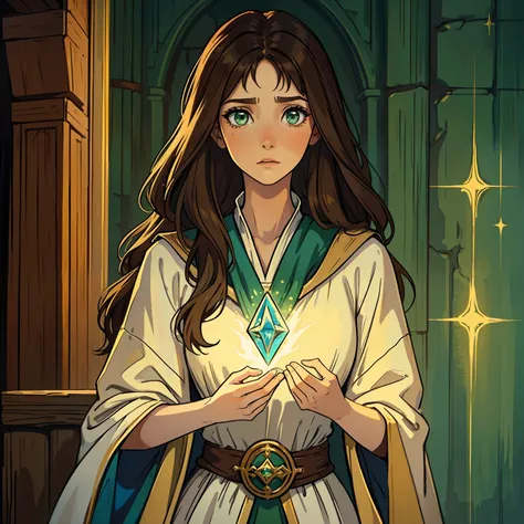 A beautiful woman with green eyes and brown hair she is a sorceress Wizard wearing white and gold robes Noble robes A princess of magic and a sad look Flushed A wooden wall background An art for an RPG A medieval art for RPG ((de lado)) ((lateral do rosto)...