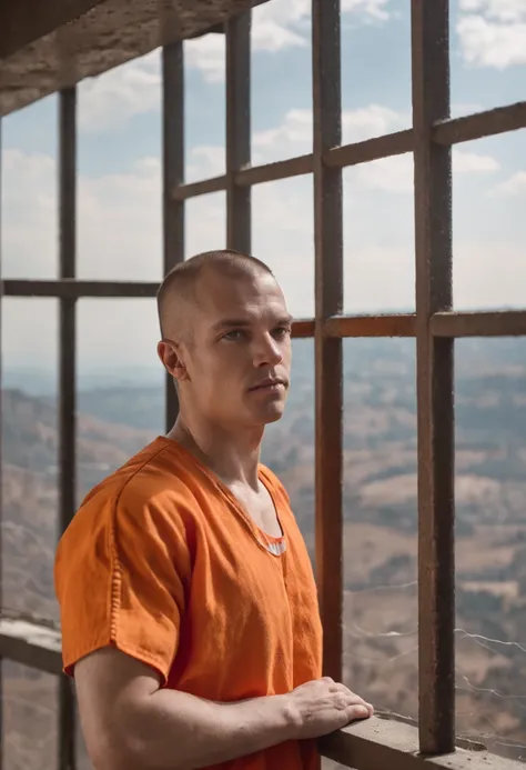 a Orange Jumpsuit prison inmate man looking out a prison bar window at a beautiful cloud scenery , stood in a cell, prisoner, behind bars, prison background