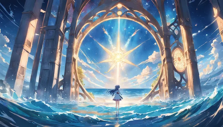 animesque、Faraway view、landscapes、vanishing point、Outrageous resolution、hight resolution、ultra-detailliert、The upper half shows the universe、Below is the sea、Bright atmosphere、Fantasia、magia、Mare、Daylight hours、clean blue sky、sunlight shining、prisma、beauti...