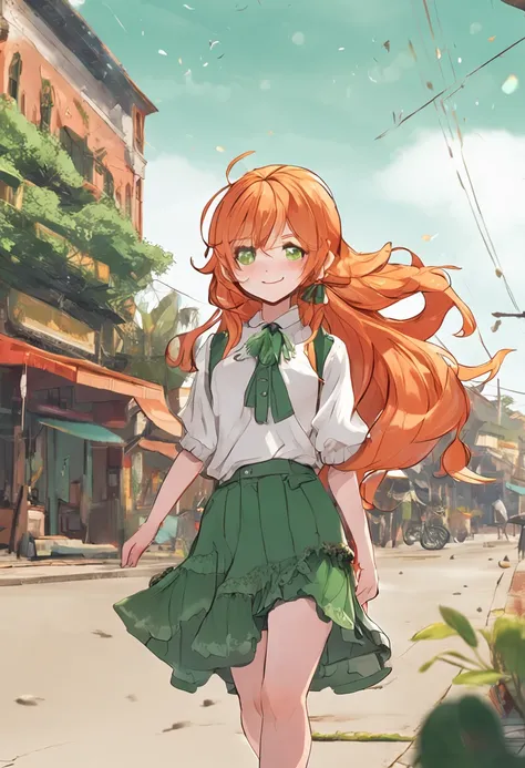 Orange hair Green pupils Walking down the street Turn around and look back Smile Masterpiece High quality High detail White top White short skirt with green lace Carrot tiara Horse ear Very long hair Highest quality